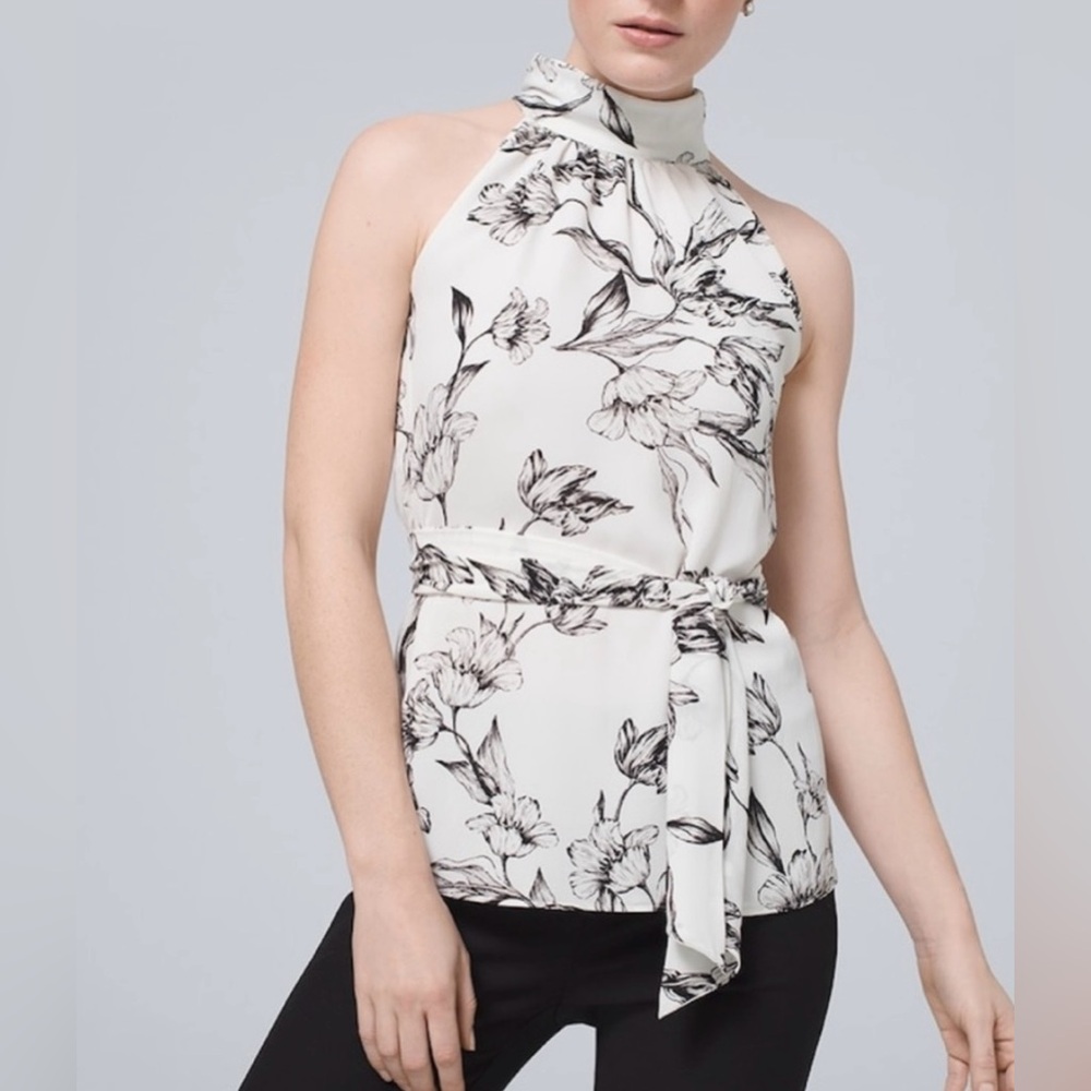 White House Black Market Floral Halter Neck Top - Black and White size XXS